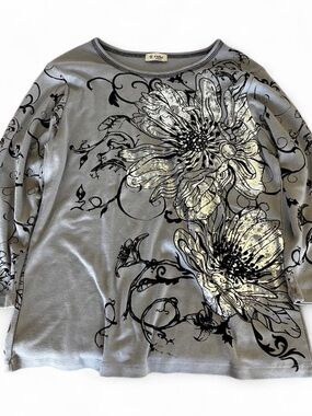 Cactus Silver Gray  Floral Top with Metallic Print
